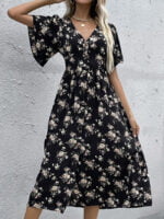 Floral Button V-Neck Slit Dress