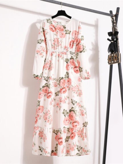 Floral Crew Neck Puff Sleeve Dress