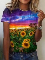 Floral Landscape Print Casual T-Shirt