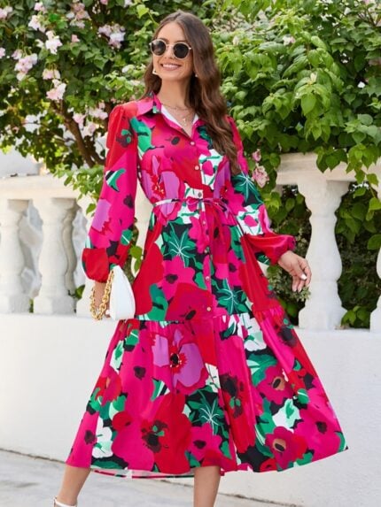 Floral Lapel Puff Sleeve Dress