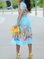 Wholesale Floral Lapel Short Sleeve Pleated Dress