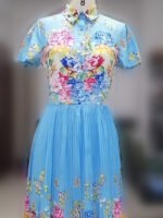 Wholesale Floral Lapel Short Sleeve Pleated Dress