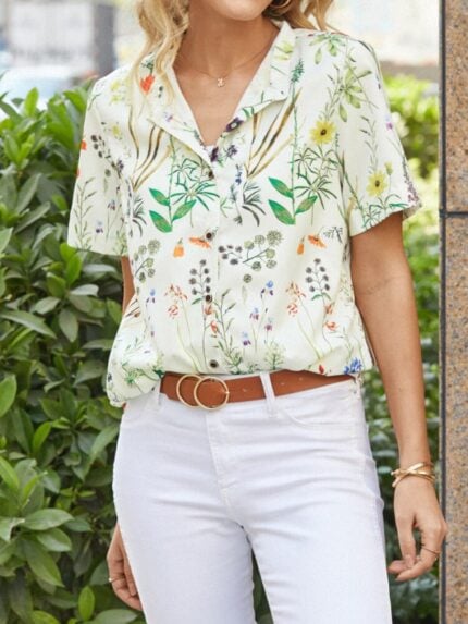 Floral Leaf Print Button Crew Neck Shirt