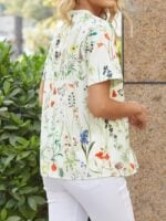 Floral Leaf Print Button Crew Neck Shirt