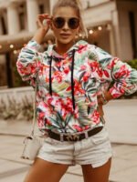 Floral Pattern Hooded Drawstring Sweatshirt