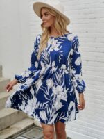 Floral Print Balloon Sleeve High Waist Dress