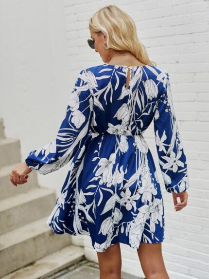 Floral Print Balloon Sleeve High Waist Dress