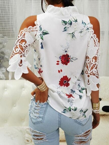 Floral Print Lace Cold Shoulder Shirt