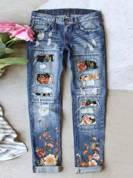 Floral Print Panel Casual Jeans