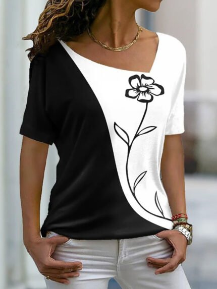 Floral Print V-Neck Casual T-Shirt