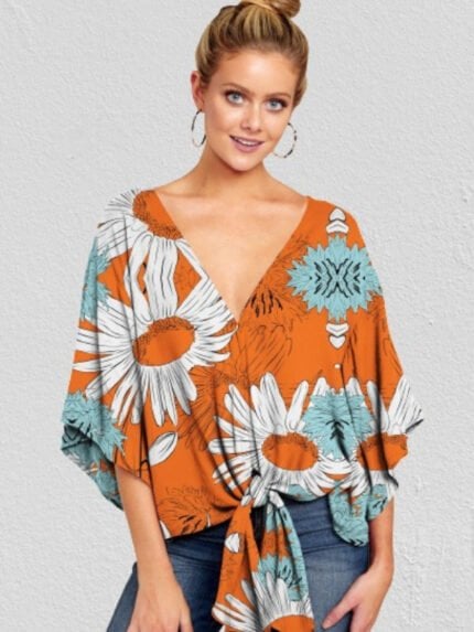 Floral Printing V-neck Knot Blouse