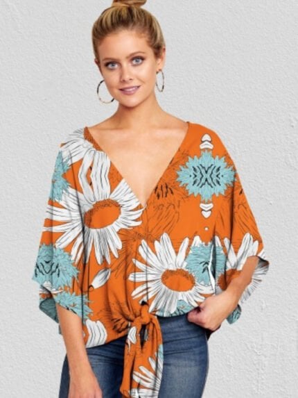 Floral Printing V-neck Knot Blouse