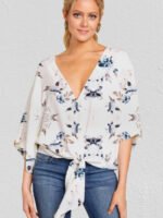 Floral Printing V-neck Knot Blouse