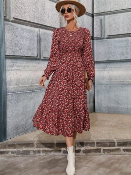 Floral Round Neck Ruffle Sleeve Dress