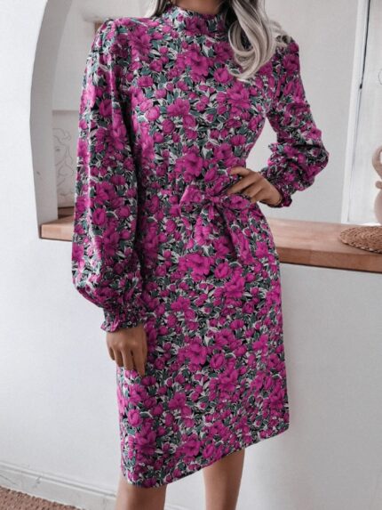 Floral Stand Collar Balloon Sleeve Chiffon Dress