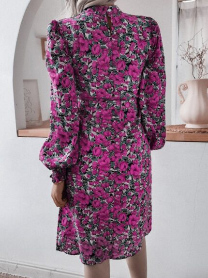 Floral Stand Collar Balloon Sleeve Chiffon Dress