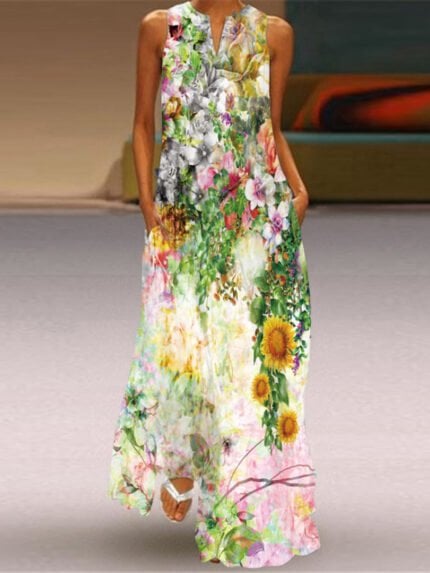 Floral V-Neck Casual Maxi Dress