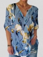 Floral V-Neck Loose Half Sleeve Top