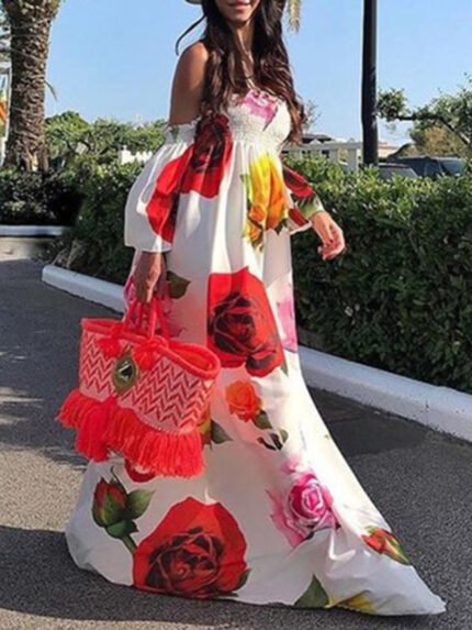 Floral off-the-shoulder elastic dress