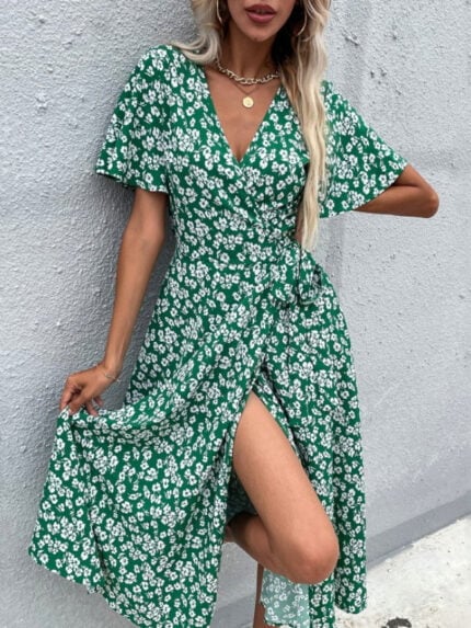 Floral print short-sleeved lace-up dress