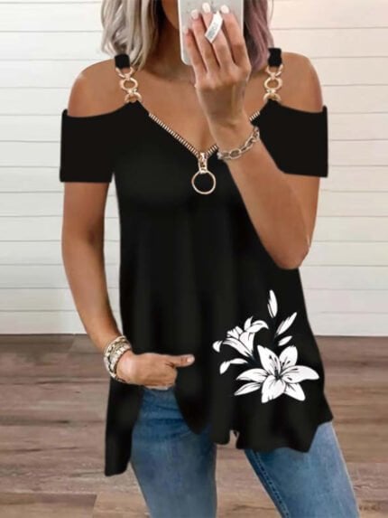 Floral-print zipped off-the-shoulder top