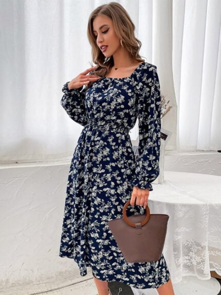 Floral square neck lotus sleeve dress