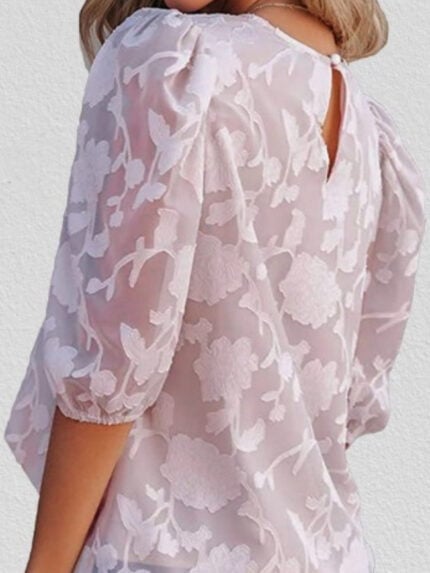 Wholesale Floral-textured puff-sleeve chiffon top