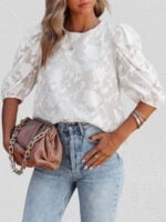 Wholesale Floral-textured puff-sleeve chiffon top