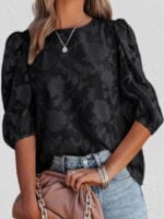 Wholesale Floral-textured puff-sleeve chiffon top