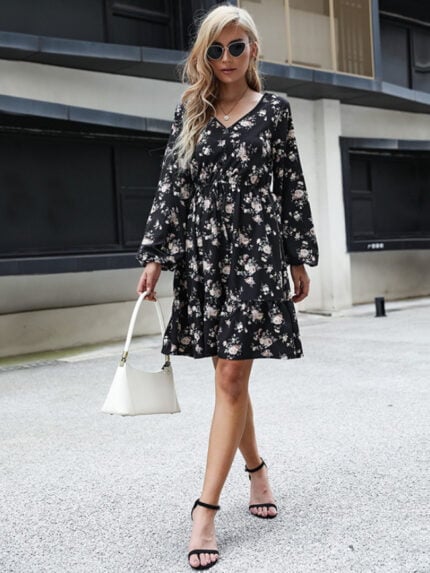 Flower Print Tie Waist Long-sleeve Dress