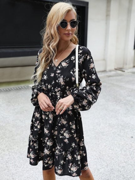 Flower Print Tie Waist Long-sleeve Dress