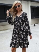 Flower Print Tie Waist Long-sleeve Dress