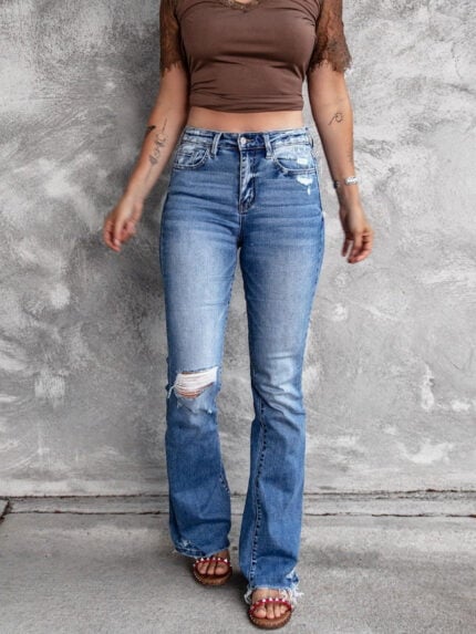 Frayed high-rise flared jeans