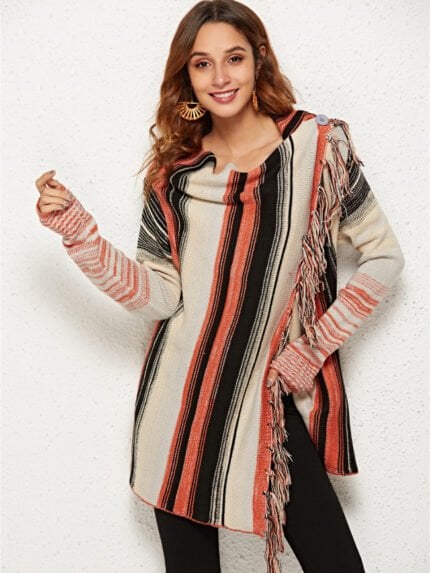 Fringe Trim Open Front Poncho Cardigan