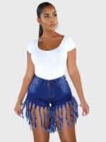 Fringe Washed Mid-Waist Denim Shorts