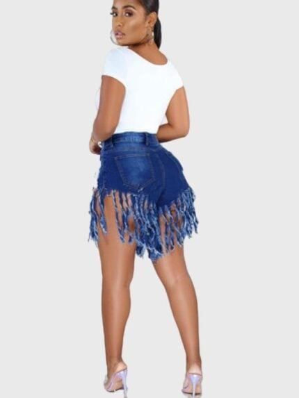 Fringe Washed Mid-Waist Denim Shorts