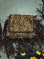 Fringed Checker Leopard Print Crossbody Bag