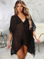 Fringed Solid V-neck Mesh Cover Up