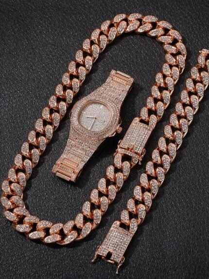 Full diamond watch and bracelet and necklace 3pcs set