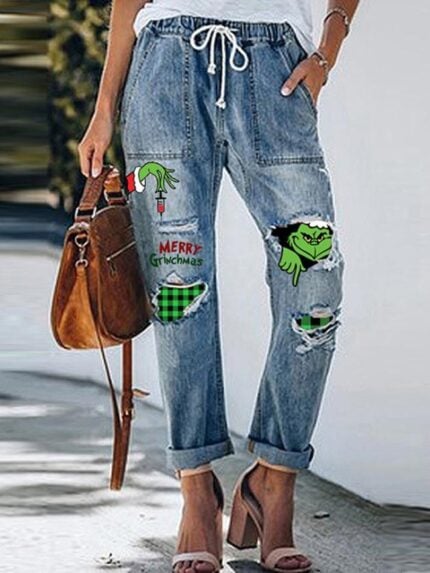 Fun Print Patch Elastic Waist Drawstring Jeans