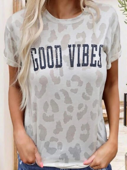 GOOD VIBES Leopard Print T-Shirt