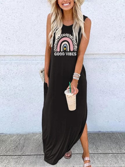 Wholesale GOOD VIBES Rainbow Print Sleeveless Dress