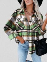 Geometric Plaid Print Pocketed Jacket