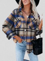 Geometric Plaid Print Pocketed Jacket