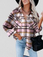 Geometric Plaid Print Pocketed Jacket