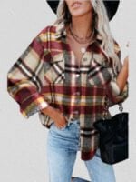 Geometric Plaid Print Pocketed Jacket