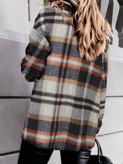 Geometric Plaid Print Pocketed Jacket