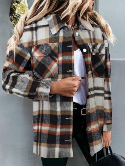 Geometric Plaid Print Pocketed Jacket