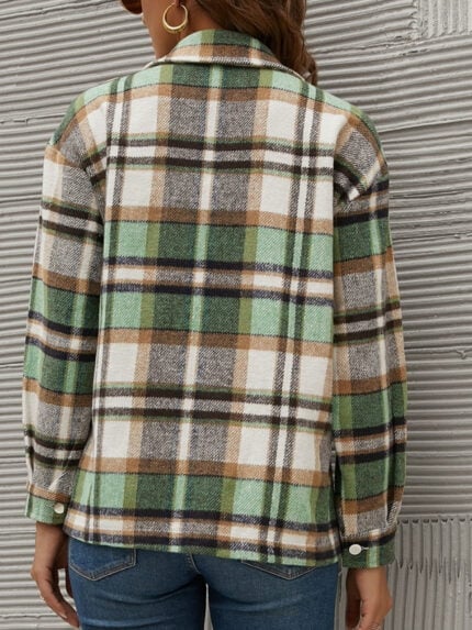 Geometric Plaid Print Pocketed Jacket