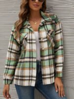 Geometric Plaid Print Pocketed Jacket